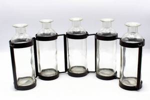 lot 3607 image: Hinged Metal Holder (6) 6.5T Glass Bottles Vase