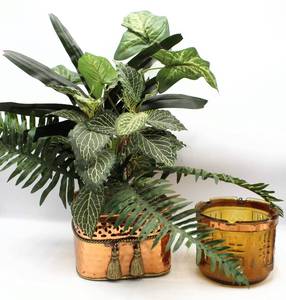 lot 3609 image: Faux Greenery Arrangement in Brass Pot and Amber Glass wBrass Detail Vase or Plant Holder