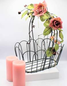 lot 3651 image: Beautiful Metal Basket with Pink Rose Accent and 2 Pink Pillar Candles