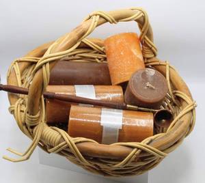 lot 3659 image: (5) Pillar Candles and Candle Snuffer