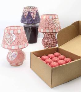 lot 3665 image: Pink Mosaic Candle Lamps, Purple Mosaic Candle Shade and Box of 16 Pink Votives