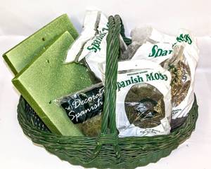 lot 3621 image: 2 Sheets 12 x 15 of Foam, 4 Bags of Spanish Moss and Huge Carrying Basket 27 x 21 diameter