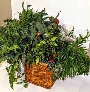 lot 3622 image: Large Square Basket with handle Full of Faux Foliage