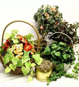lot 3671 image: Large Lot of Assorted Faux Greenery and Flowers in 3 Baskets and 2 Brass Pots