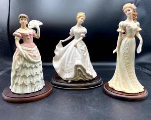 lot 3631 image: (3) Porcelain Figurines By Masterpiece, Victoria, Lady Caroline, and Their Friend all include their own wooden plaques