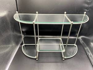 lot 3552 image: Metal and Glass Counter top Display Shelf with 3 Dog Figurines