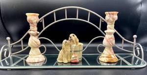 lot 3553 image: Metal and Glass Wall Display Shelf with 2 Handmade in Mexico Solid Onyx Candle Holders and Dog Figurine