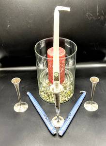 lot 3556 image: Floating Glass Hurricane Candle Holder and 3 Silver Candle Stick Holders and Tapers