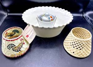 lot 3557 image: White Scalloped Oval Server Bowl, Ceramic and Mosaic Candle Jar Toppers, Candle Jar, Spice Jar and more