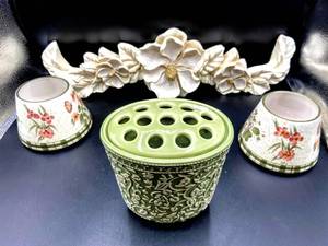 lot 3558 image: New Better Homes Collection Stem Holder Vase, 2 Matching Candle Jar Toppers, and Ceramic Flower Wall Sash