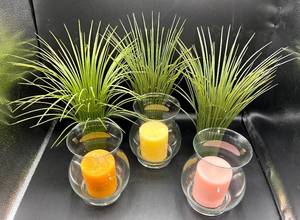 lot 3559 image: Clear Glass Candle Jars Vases 7.5 Tall, 3 Plastic Faux Greenery Stalks, 3 Pillar Candles