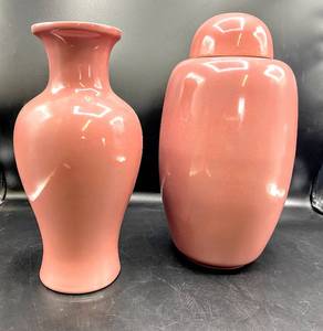 lot 3579 image: Vintage Mauve Vase 11.5 Tall and Ginger Jar with Lid 12.5 Tall