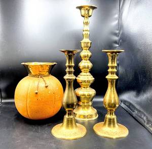 lot 3580 image: 3 Brass Candlestick Holders 11 and 18 Tall and Lacquered Solid Brass Pot 10 Tall
