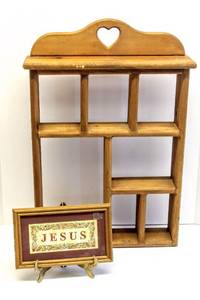 lot 3675 image: Solid Wood Display Shelf 22 Tall x 17.5 Wide and Framed Religious Art