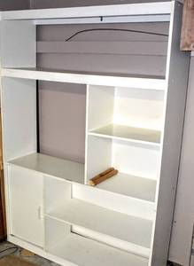 lot 3679 image: Large White Faux Wood Shelving Unit Entertainment Center