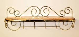 lot 3680 image: Large Solid Wood and Brass Floating Wall Shelf with 4 Brass Hooks 31 x 11 Tall x 8 Deep (matches 3681)