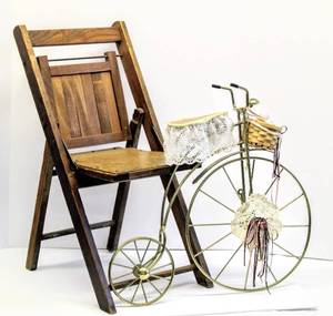 lot 3683 image: Antique Childs Folding Wooden Chair 24 Tall and Brass Metal Bicycle Decor 19 Tall