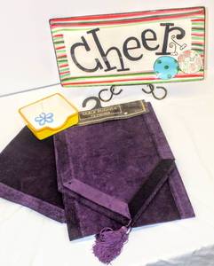 lot 3684 image: (2) 72 Purple Table Top Runners, Cheers Party Platter, and Small Party Dish