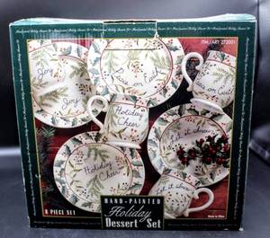lot 3741 image: 8 Piece Holiday Dessert Set, Hand Painted Cups and Dessert Plates