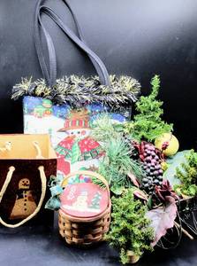 lot 3746 image: Brand New Quilted Snowman Purse, Snowmen Basket and Bag, Sled with Christmas Foliage