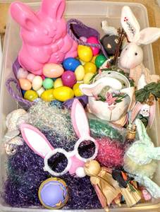 lot 3778 image: LARGE Easter Lot including Plastic Eggs, Easter Grasses, Adorable Metal Bunny Planter, Bunny Glasses, Bunny Jello Mold, Candles, Baskets, Stuffed Characters and More