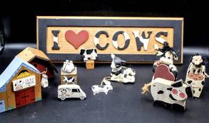 lot 3810 image: Wooden Cow Lovers Lot Farmhouse Miniatures, I Love Cows Wooden Plaque and Figurines
