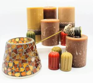 lot 3654 image: (10) Candles, Brown Neutrals Mosaic Jar Candle Shade and Zebra Candle Snuffer