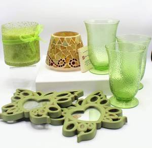 lot 3666 image: New Mosaic Jar Candle Shade, 3 Green Glass Candle Holders, Green Glass Candle and (2) Green Butterfly Mirrors Wall Decor