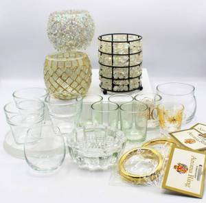 lot 3692 image: Large Lot of Iridescent and Clear Glass Candle Holders - Variety of Pillar and Votive Holders, plus 3 Aroma Rings new in pkg