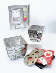 lot 3693 image: (2) Silver Mosaic Candle Holders, White Barn Passionfruit & Guava Home Fragrance Set NIB and Set of 2 New Candle Jar Toppers