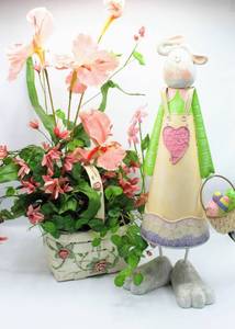 lot 3699 image: 20 Tall Dancing Metal Easter Bunny and 23T Beautiful Flower Arrangement in Painted Basket - Easters Coming