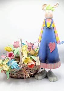 lot 3700 image: 20 Tall Dancing Metal Easter Bunny and 12T Beautiful Flower Arrangement in Painted Basket - Easters Coming