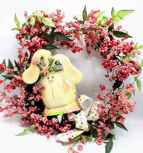lot 3703 image: Pink Berries and Twig Wreath with Decorative Metal Bunny Pot