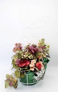 lot 3705 image: White Bunny Metal Pot Holder with Faux Floral Arrangement