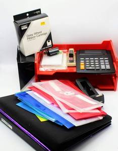 lot 3713 image: Office Supplies - Various sized document holders, stapler, (2) Tandy Daisy Wheel Ribbon Cartridges, Calculator and more