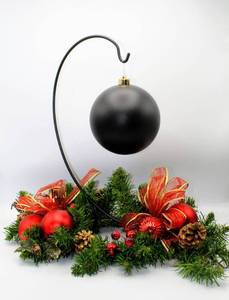 lot 3718 image: Large Black Christmas Ball Ornament with Wreath Garland Decor Hanging on Decorative Black Metal Ornament Hanger