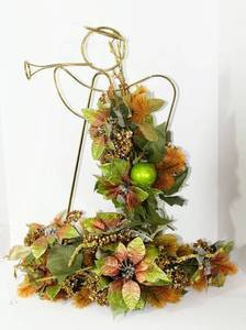 lot 3719 image: 27T Gold Metal Christmas Angel Candle Holder with Gold & Green Floral Wreath Accents Centerpiece plus (3) matching floral picks