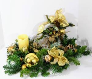 lot 3722 image: 3 Piece Pine with Pine Cones and Gold Ornaments Christmas Holiday Decor - Candle Wreath, Swag and Teardrop Swag