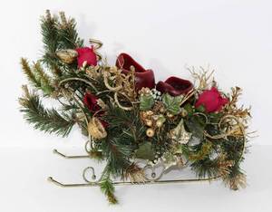 lot 3725 image: 14 Gold Metal Christmas Holiday Sleigh with Gold Accents, Pine & Red Roses Candle Holder Centerpiece