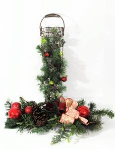 lot 3729 image: Rustic Metal Christmas Stocking Filled with Pine and Red & Green Ornaments - Pine with Pine Cones and Red Ornaments Swag