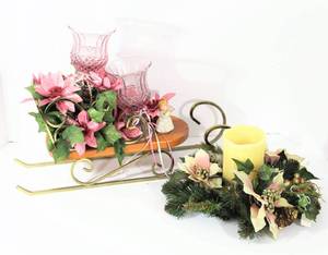 lot 3730 image: Rose Pink Christmas Holiday Decor - Gold & Wood Sleigh with Rose Pink Poinsettias and Glass Candle Holders and Ivory & Rose Pink Poinsettias Candle Wreath