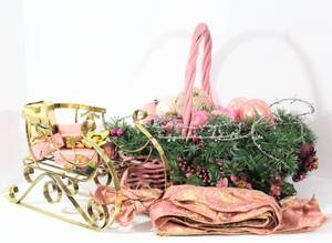 lot 3731 image: Rose Pink & Gold Christmas Holiday Decor - Basket FULL of Ornaments, Gold Sleigh and Matching Pink & Gold Ribbon