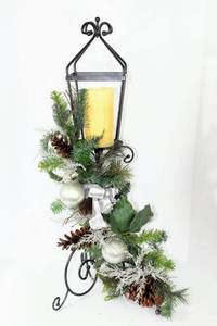 lot 3734 image: 30T Black Metal Candle Lantern with Silver, Pine and Pine Cone Christmas Holiday Decor