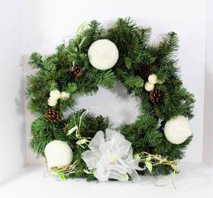 lot 3735 image: White Iridescent Ornaments, Pine with Pine Cones Christmas Holiday Wreath