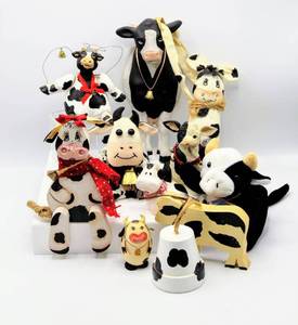 lot 3807 image: 11 Piece Lot of Black & White Cow Decor - Shelf Sitters, Wall Decor, Cow Bells, Ornaments, Stuffed Cow
