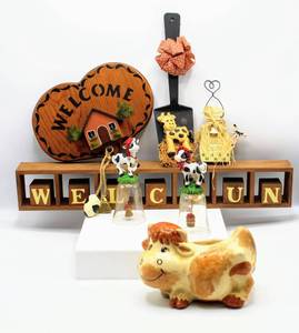 lot 3815 image: Wood and Country Cow Decor - Wood Letter Block Sign, Glass Bells with Cow Figurines, Ceramic Cow Planter and more