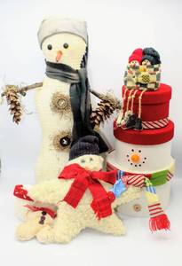 lot 3768 image: Snowmen Lovers Lot - Rustic Woodsy Snowman, Shivering Ice Skating Snowman Couple Shelf Sitters, Snowman Nesting Boxes