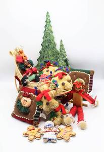 lot 3776 image: Variety of Christmas DecorOrnaments - 2 Wood Christmas Trees, Wicker Sleigh, Reindeer Shelf Sitter, Gingerbread Ornaments and more