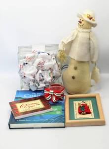 lot 3777 image: Variety of Christmas Holiday Decor - Glass Cube w Red Lights, Country Chic Snow-woman, New Recordable Christmas Storybook and more