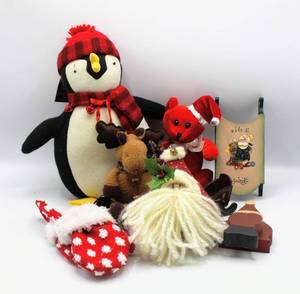 lot 3794 image: Variety of Christmas Holiday Decor - Penguin, Moose, Bear, Santa, Wood Sleigh, Santa ShelfLedge Sitter and Mittens